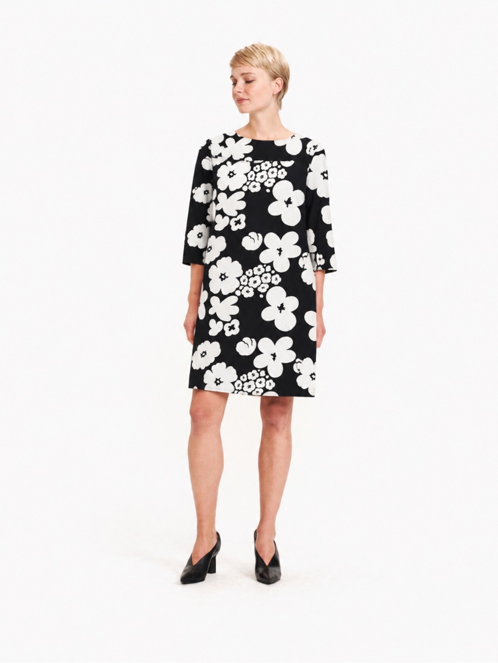 Marimekko Black and White Floral 3/4 Sleeve Dress